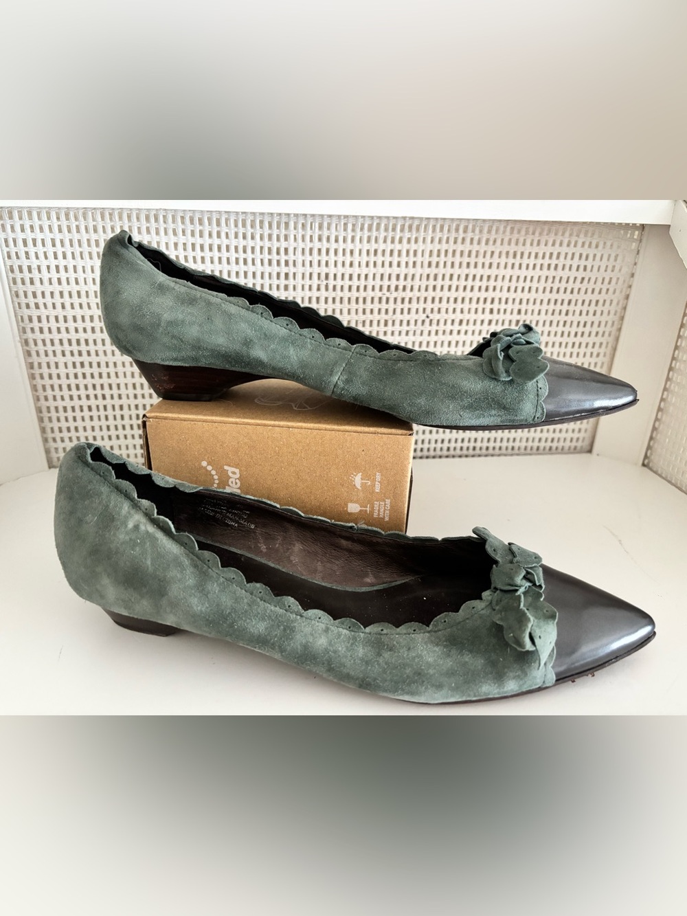 Dark Green Suede Pointed Toe Ballet Flats with Scalloped Edge & Bow by Stacatto